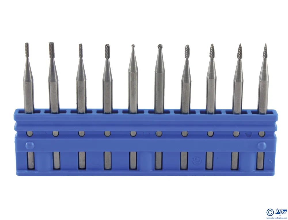 Set Hartmetall-Minifrässtifte (10 Stück), Normalverzahnung, S.-Ø 3 mm, Kopf-Ø 1 und 1,5 mm
